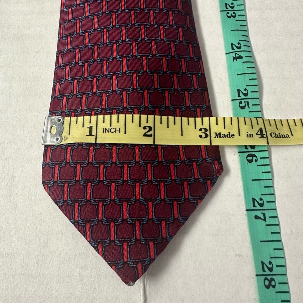 Hermès Silk Tie Luxury Burgundy, Red & Blue Equestrian Geometric Print Silk Tie - Picture 4 of 8